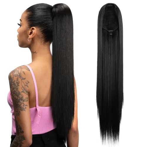 Miniatura 10 de Extensión de cabello corto negro con cordón para mujeres negras, cola de caballo recta de 14 pulgadas con rizos finales, postizos sintéticos