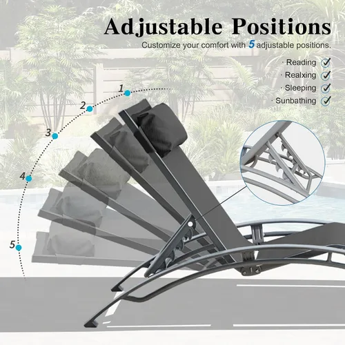 Miniatura 4 de Domi - Juego de 2 sillas de piscina, tumbona para exteriores con mesa auxiliar, silla reclinable ajustable de aluminio para terraza, piscina, playa