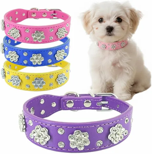 Miniatura 9 de Collar de perro con flores de diamantes de imitación, collar de piel sintética brillante para perros y gatos pequeños, bonito collar de cachorro