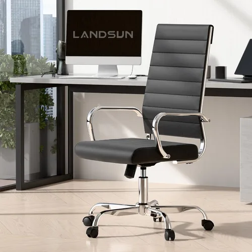 Miniatura 10 de LANDSUN - Silla de oficina para el hogar, de piel acanalada, con respaldo alto, giratoria, con ruedas y apoyabrazos, acolchado suave, altura