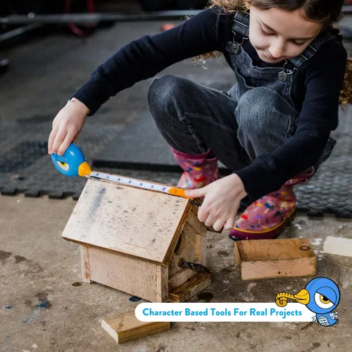Miniatura 12 de Handy Famm Cinta métrica de pájaro azul de 8 pies para niños, herramienta educativa STEM con nivel, transportador, diseño retráctil, juguete
