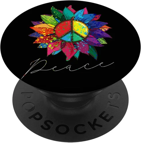 Sunflower Flower Rainbow Peace Sign Hippie 70s PopSockets - Soporte y agarre para teléfonos y tabletas, Negro