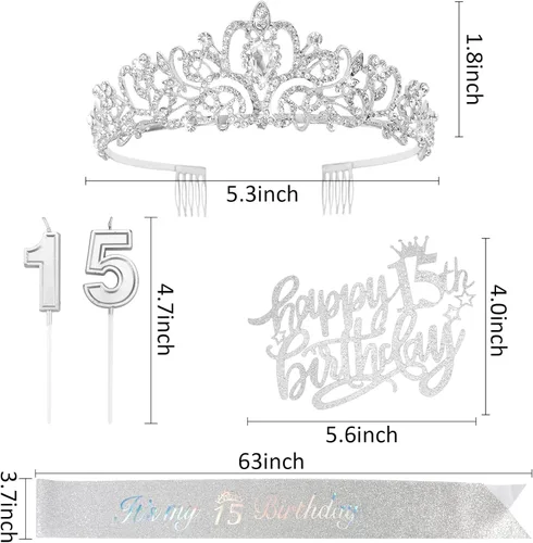 Miniatura 3 de Decoraciones de cumpleaños número 15 para niñas, incluyendo tiara de corona de diamantes de imitación, banda con purpurina, adorno para pastel