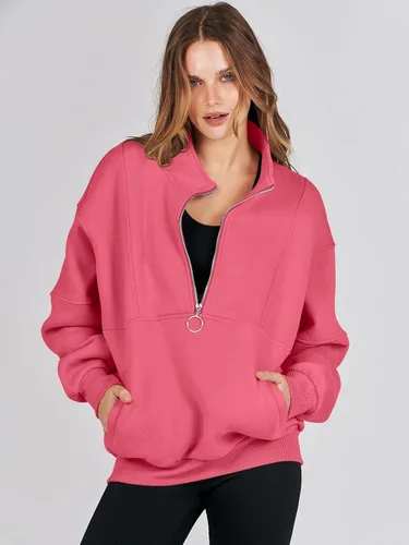 Miniatura 6 de ANRABESS Sudaderas de forro polar con media cremallera para mujer, de gran tamaño, con cremallera de un cuarto, ropa de otoño 2024, ropa de moda