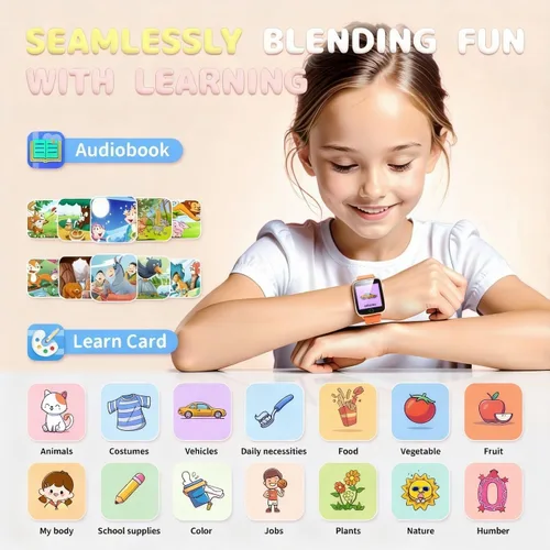 Miniatura 6 de Relojes para niñas de 4 a 12 años, reloj inteligente naranja para niños con cámara, 26 juegos de rompecabezas, reloj despertador, podómetro