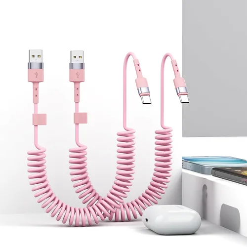 Miniatura 8 de CarPlay - Paquete de 2 cables de carga en espiral USB A a USB C para iPhone 15, cable de carga corto para automóvil/Uber, sincronización de datos