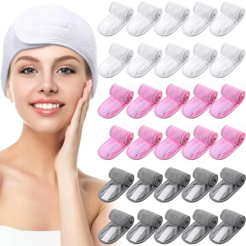 Miniatura 10 de Hoteam Paquete de 30 diademas de spa, esteticista facial para mujeres, ajustable, maquillaje, deportes, ducha, toalla elástica con cinta (negro)
