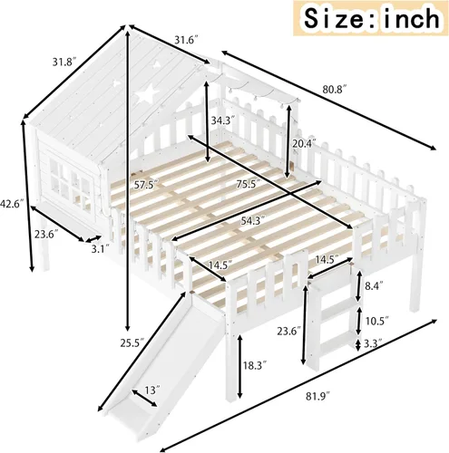 Miniatura 21 de Marco de cama de tamaño matrimonial para niños con escaleras, bonito techo y ventana en forma de estrella para niños y niñas, cama de plataforma