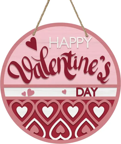 Deroro Letrero de feliz día de San Valentín para decoración de puerta delantera, colgador de puerta de madera con corazones de amor rojo y rosa para