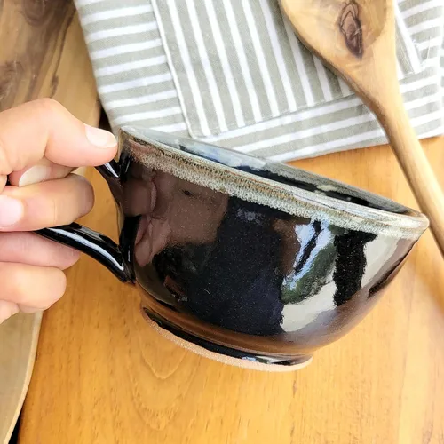 Miniatura 4 de Juego de 2 cuencos de sopa estilo granja con asas, grandes profundos, tazas colgantes de cocina, decoración de cerámica hecha a mano
