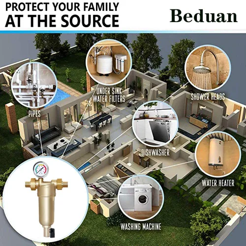 Miniatura 6 de Beduan Filtro de agua de sedimentos reutilizable para toda la casa, protector de sistema de prefiltro de 1 pulgada, rosca macho y hembra de 3/4