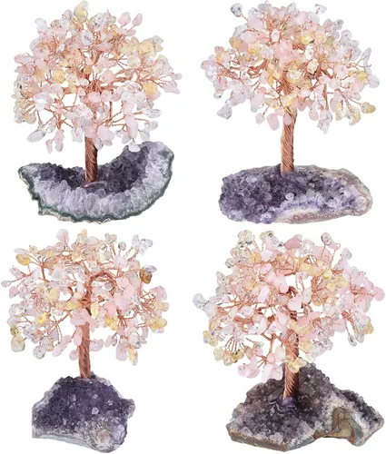 Miniatura 7 de mookaitedecor Árbol de cuarzo rosa natural, cuarzo de roca y cristal citrino con base de cristal de racimo de amatista, figuras de árbol de dinero