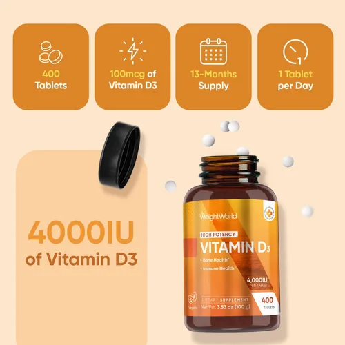 Miniatura 5 de WeightWorld Vitamina D3 4000 UI (100 mcg) para fortaleza ósea, salud muscular y apoyo inmunológico Suministro de 400 días Vitamina D3 vegana