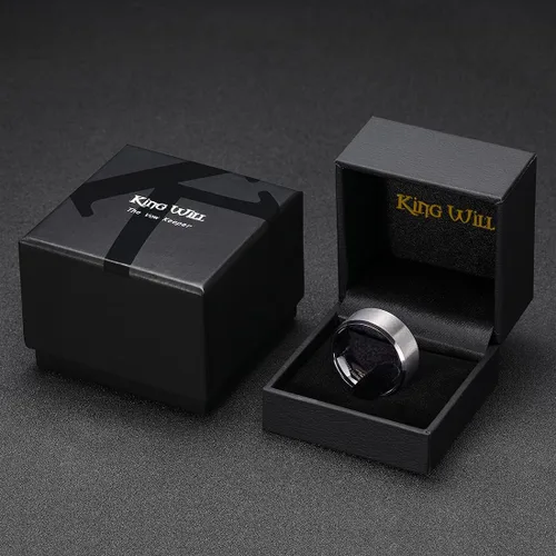 Miniatura 174 de King Will Anillo de boda de tungsteno para hombre, disponible en 15/64 a 25/64 de pulgada (6 a 10 mm), negro/plata, acabado mate, borde pulido