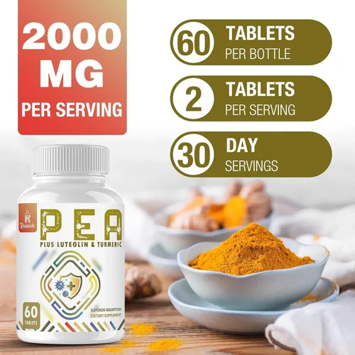 Miniatura 5 de Palmitoiletanolamida de 1500 mg con luteolina 98% y cúrcuma, alta absorción, suplemento de guisantes micronizados para el manejo de molestias