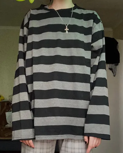 Miniatura 7 de Harajuku - Camiseta de manga larga con cuello redondo y rayas de gran tamaño para mujer