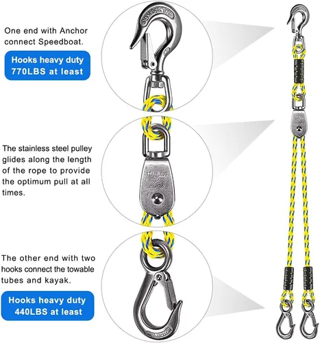 Miniatura 5 de Dolibest Conector rápido de cuerda de remolque para tubería - Arnés de remolque de barco con gancho de acero inoxidable (rotación 360) - 20 pulgadas