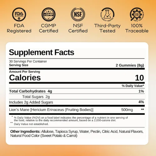 Miniatura 9 de Lions Mane - Gomitas de hongos para concentración y memoria, 500 mg de extracto corporal frutal, apoyo cognitivo y suplementos de salud cerebral