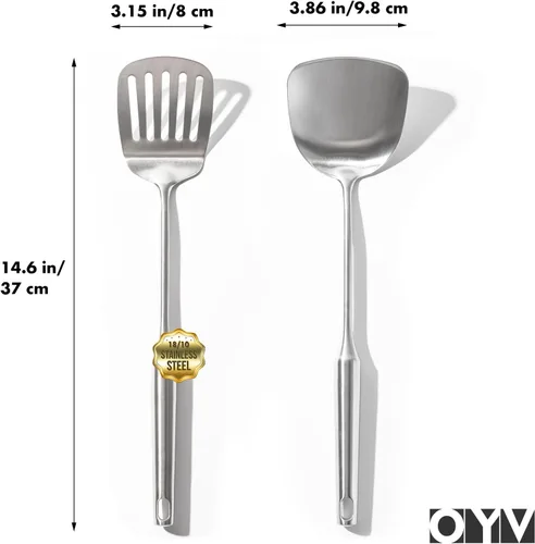 Miniatura 6 de OYV Juego de espátulas de acero inoxidable 18/10, espátulas de metal de 15 pulgadas para uso en cocina, 1 espátula ranurada + 1 espátula sólida