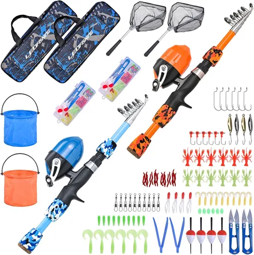 LEOFISHING 2 Set Juego de caña de pescar para niños con kits de inicio completo, caña de pescar telescópica portátil y combos de carrete con todos