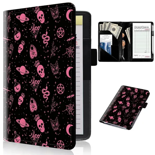 Libros de servidor para camareras con bolsillo con cremallera – Libro de camarera gótico pastel con calavera de bruja, organizador de dinero de