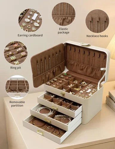 Miniatura 3 de KAMIER Caja organizadora de joyas, organizador de joyas de 4 capas con espejo, 3 cajones, caja de joyería grande para pulseras, aretes, anillos