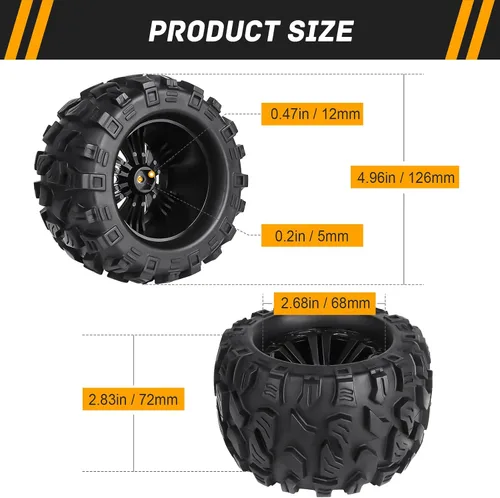 Miniatura 2 de 4 unidades de neumáticos y ruedas para camiones RC de 4.921 in 1/10 de 2.8 pulgadas montados en OD 0.472 in para Traxxas Stampede Rustler VXL 4x4