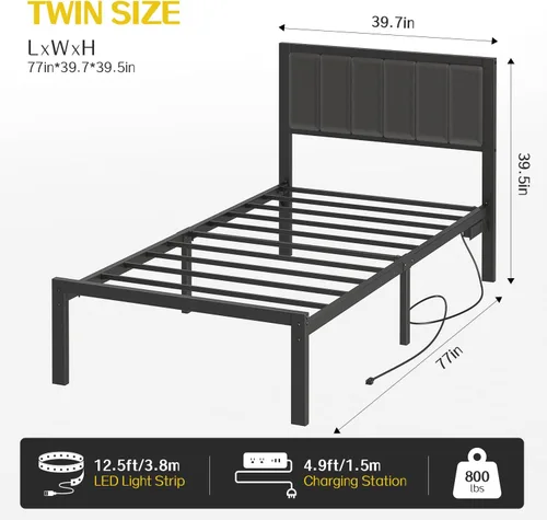 Miniatura 2 de OLEVS Base de cama individual con cabecero, plataforma de metal, tamaño individual, con estación de carga USB y luces LED, no necesita somier