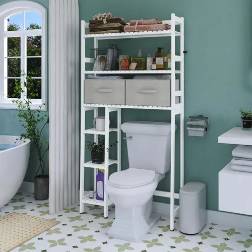 Miniatura 2 de SMIBUY Almacenamiento sobre el inodoro con cajones, estante organizador grande de baño para ahorrar espacio, soporte independiente detrás del Blanco