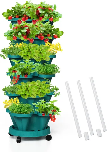 Miniatura 16 de Macetas verticales de fresa, paquete de 2 unidades, torre apilable de 5 niveles con poste de soporte, macetas apilables para hierbas y verduras