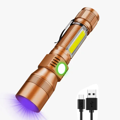 Miniatura 5 de Linterna UV de luz negra, linterna recargable USB con base magnética, luz alta, luz lateral, 7 modos, zoomable, resistente al agua - Linterna LED