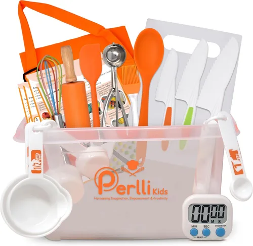 PERLLI Juego de cocina real para niños para cocinar y hornear, 31 piezas. Regalo para chef junior con utensilios reales, estuche y juego de Naranja