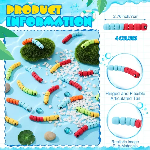 Miniatura 2 de 12 piezas impresas en 3D de gusano de caramelo agrio mini figura de animal articulada flexible para aliviar el estrés, figuras de animales