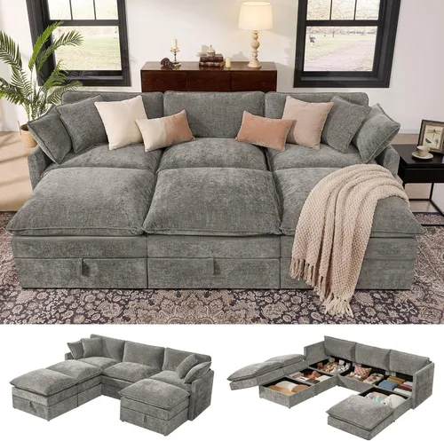 Miniatura 10 de Ihanherry Sofá cama modular de gran tamaño con almacenamiento, sofá nube modular de 6 plazas de 103 pulgadas con otomanas móviles, sofás de felpilla