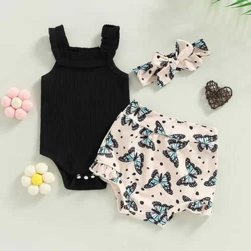 Miniatura 155 de TheFound Trajes de verano para niñas pequeñas, sin mangas, de punto acanalado, halter, pantalones cortos, ropa para recién nacidos, conjunto de 3