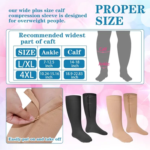 Miniatura 2 de Hillban 2 pares de calcetines de compresión anchos con cremallera de pantorrilla de talla grande de 15 a 25 Mmhg para mujeres y hombres con sobrepeso