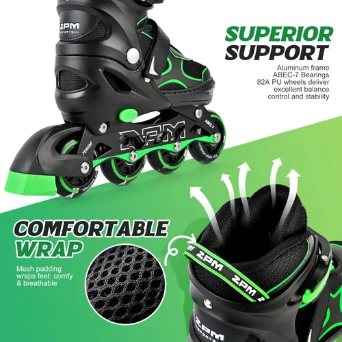 Miniatura 4 de 2PM SPORTS Patines en línea para niños y niñas, niños de 5 a 8 a 12 años, 4 a 6, 6 a 12 años, con ruedas iluminadas, cuchillas ajustables para Verde
