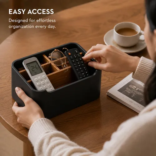 Miniatura 4 de Organizador de escritorio elegante y soporte para mando a distancia en negro - Mantén tu espacio de trabajo ordenado y organizado, almacenamiento