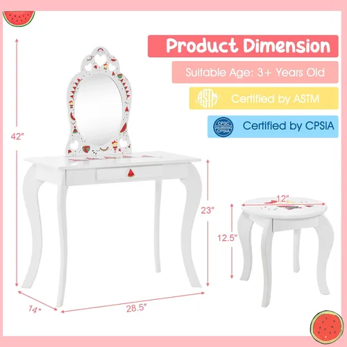 Miniatura 6 de Costzon Juego de tocador para niñas, juego de tocador con espejo y taburete, cajón de almacenamiento, tocador de maquillaje para niñas pequeñas