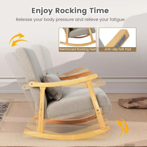 Miniatura 5 de Giantex Mecedora tapizada – Moderna mecedora con marco de madera de goma, cómodo respaldo y asiento, almohada acolchada de polipropileno, mecedora