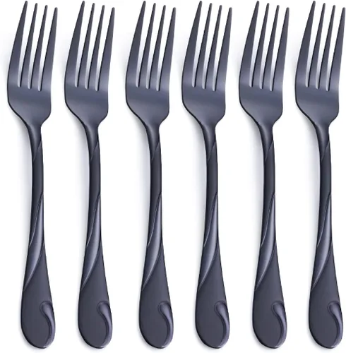 Juego de 6 tenedores para ensalada de acero inoxidable de 6.9 pulgadas, tenedor de postre de metal negro brillante, tenedor pequeño para tartas