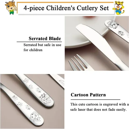 Miniatura 4 de Berglander Juego de cubiertos de acero inoxidable para niños pequeños, 4 piezas, cubiertos de tenedores y cucharas seguros para niños, cubiertos