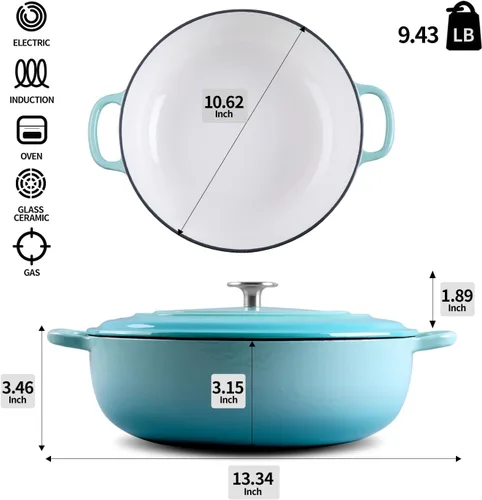 Miniatura 6 de EDGING CASTING Horno holandés de hierro fundido esmaltado con cazuela poco profunda con doble asa, 3.8 cuartos de galón, azul pavo real