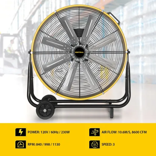 Miniatura 7 de VENTISOL Ventilador de tambor industrial de alta velocidad de 24 pulgadas, ventiladores de metal resistente, 8 cuchillas, 3 velocidades, 8600 CFM