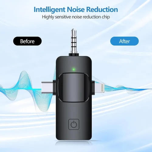 Micrófono Lavalier inalámbrico para iPhone, Android, iPad y cámara, paquete de 2 mini micrófonos 3 en 1 con micrófono de solapa de reducción de