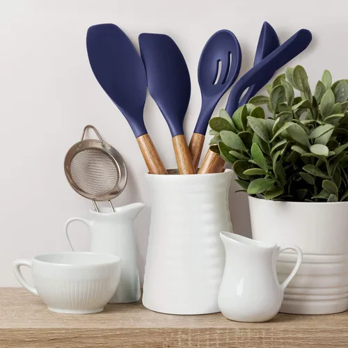 Miniatura 7 de Juego de utensilios de cocina de silicona antiadherente con mango de madera dura de acacia natural, 5 piezas, azul medianoche, sin BPA, utensilios
