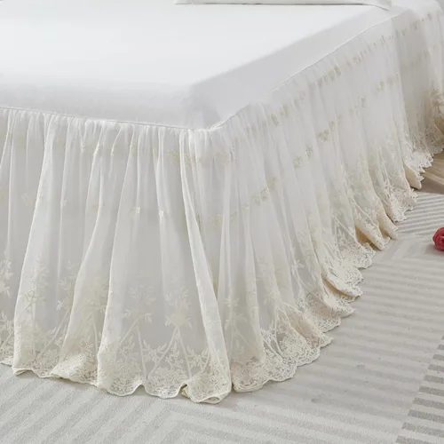 Miniatura 5 de Brandream Falda de cama tamaño queen de lujo con encaje crema y blanco de 18 pulgadas, sábanas románticas para chicas, elegante sábana con faldón