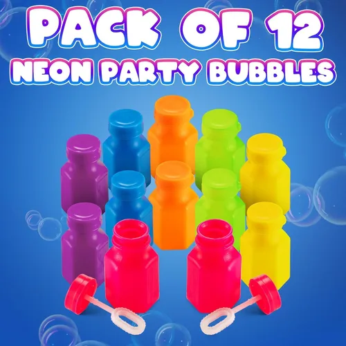 Miniatura 7 de Mini burbujas de neón para fiestas para niños, (paquete de 12) varitas y botellas a granel para soplar burbujas, recuerdos de fiesta de cumpleaños