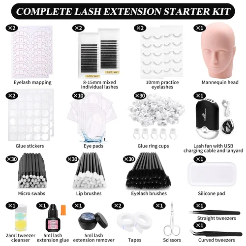 Miniatura 3 de Kit de pestañas para extensión de pestañas, suministros técnicos de pestañas con cabeza de práctica de maniquí, racimo de pestañas, pegamento