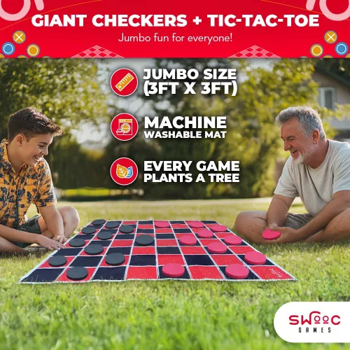 Miniatura 2 de Swooc Games® - Juego Vintage Gigante de Damas y Tres en Raya 2 en 1 con Tapete (3 pies x 3 pies) - Lona 100% Lavable a Máquina - Juegos Gigantes al